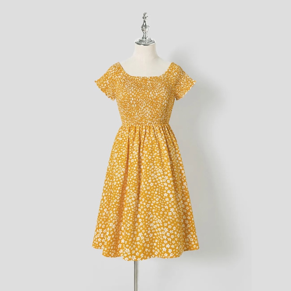 Floral Print Off-Shoulder Smocked Dress